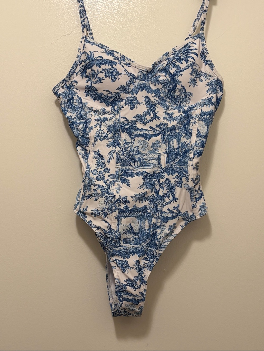 Blue Toile One-Piece Swimsuit — Women's Classic Swimwear with sarong  size large